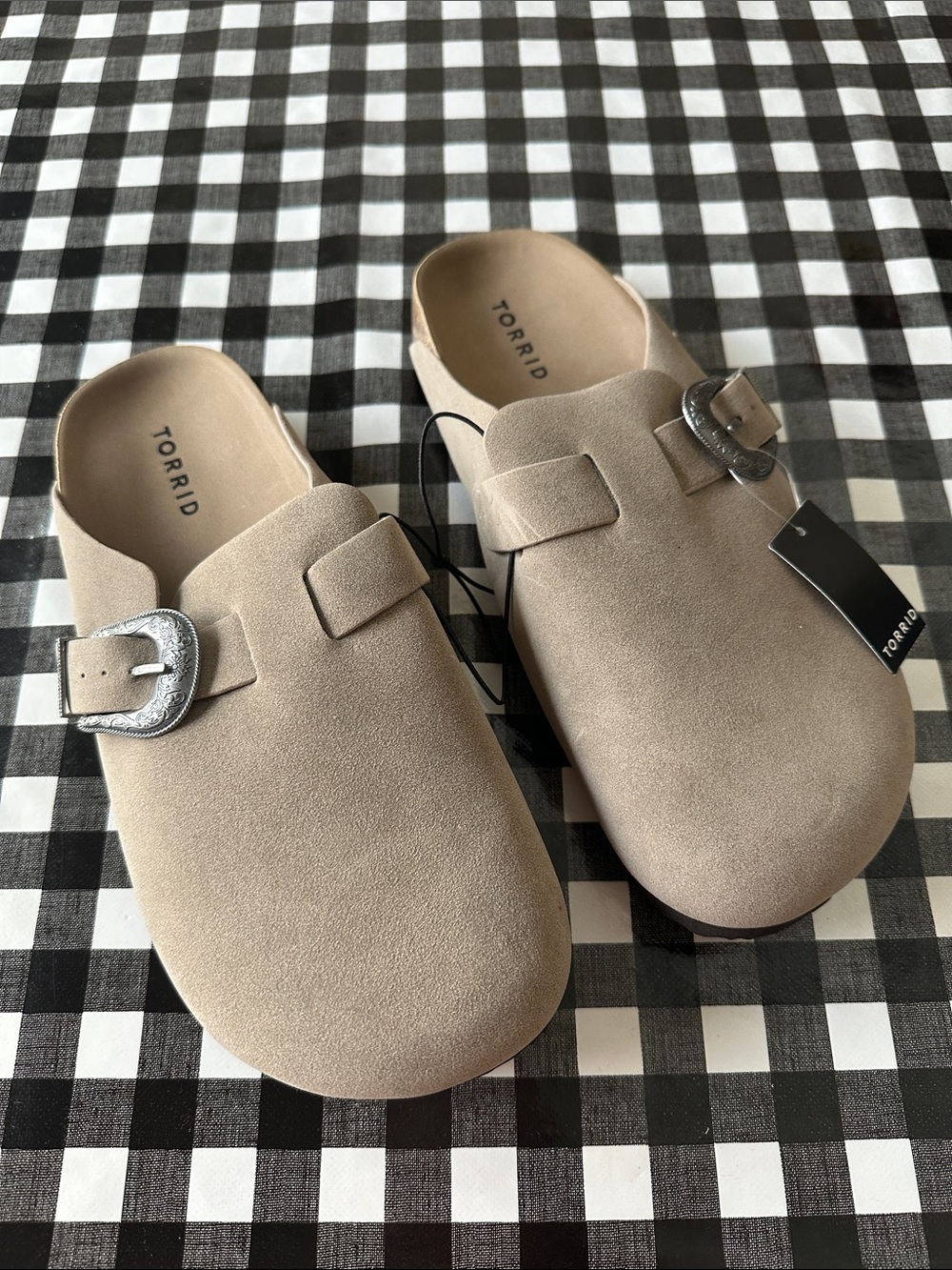 torrid Taupe Suede Slip-On Mules with Silver Buckles
